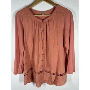Lucky Brand Blouse Womens Medium Pink Striped Crochet Trim 3/4 Sleeve Tunic Top
